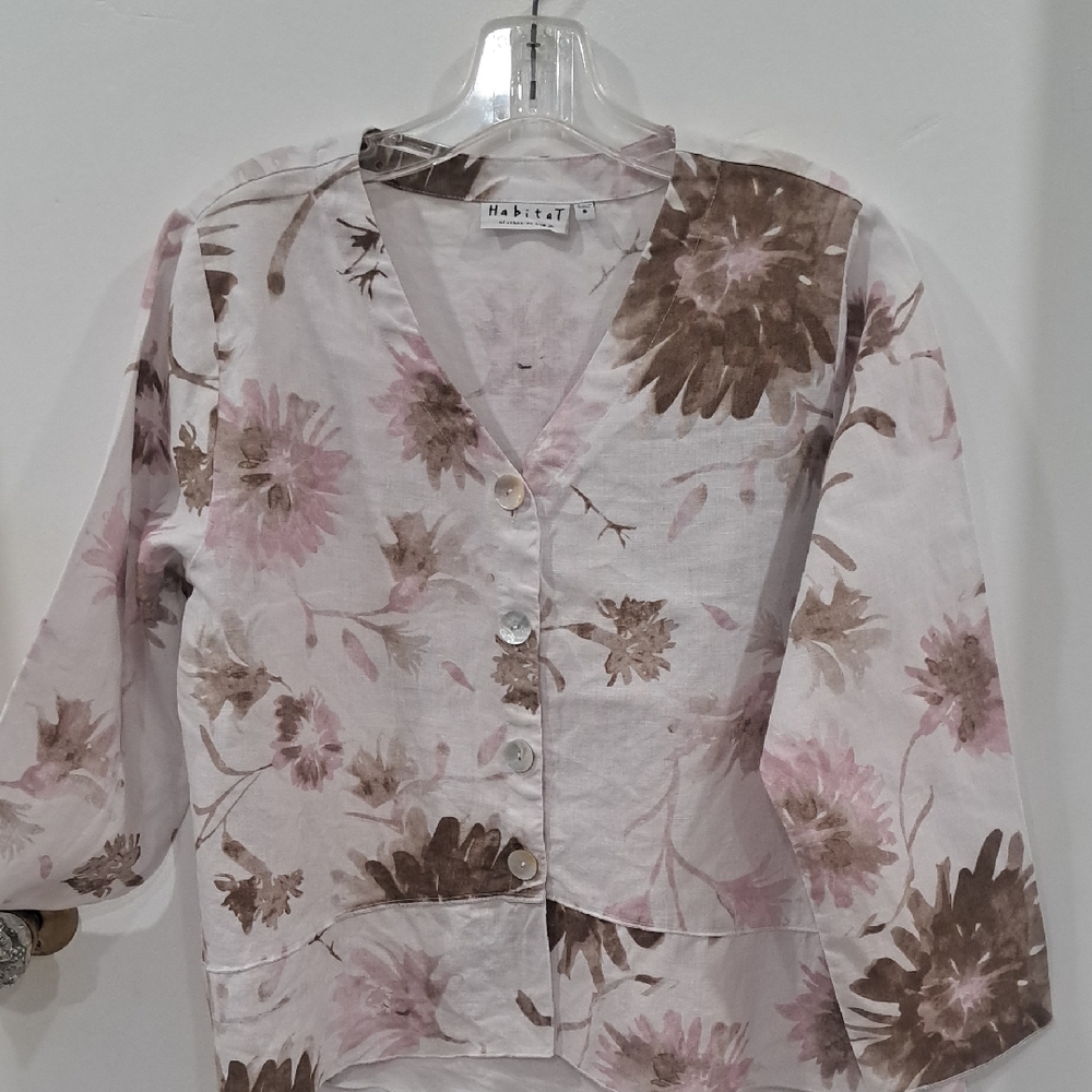Habitat Pink & Brown Floral Button-Front Linen Top